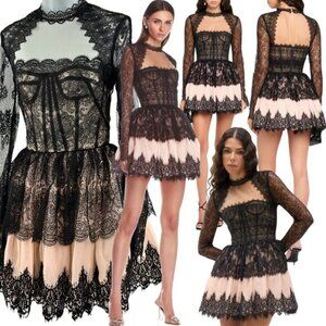 🆕 BRONX & BANCO 🧿 NWOT Daphne Illusion Lace Long Sleeve Mini Dress, Sz XS US 2